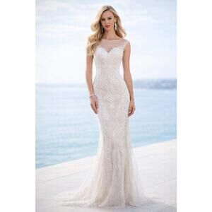 Dave & Johnny A8442 Illusion Bateau Embroidered Sheath Gown * 2 NWT Ivory Bridal